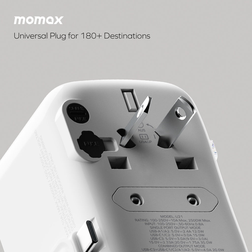MOMAX 1-WORLD FLOW 35W 4 PORT WITH BUILT-IN USB-C CABLE TRAVEL ADAPTOR (Whte) MOMAX 1-WORLD FLOW 35W 4 PORT WITH BUILT-IN USB-C CABLE TRAVEL ADAPTOR (Whte)