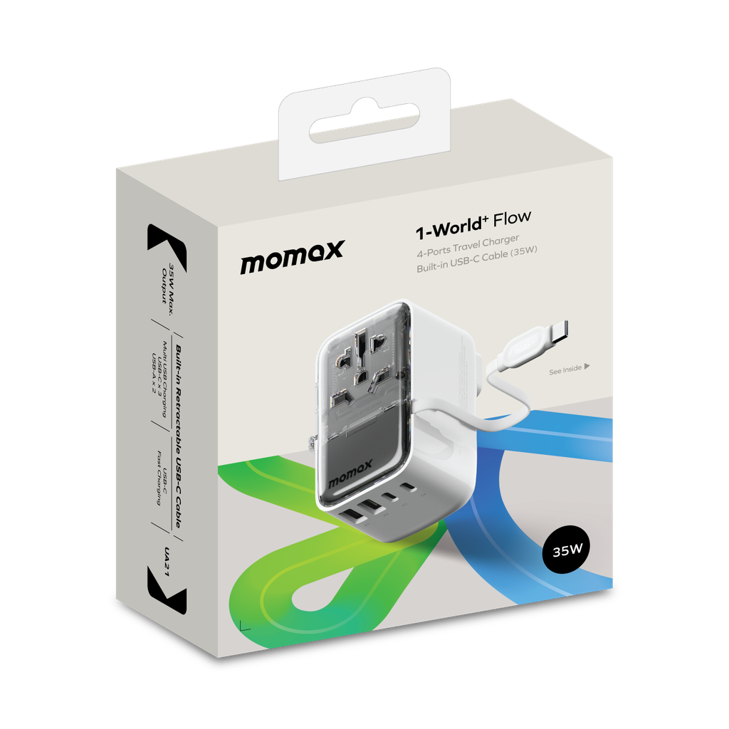 MOMAX 1-WORLD FLOW 35W 4 PORT WITH BUILT-IN USB-C CABLE TRAVEL ADAPTOR (Whte) MOMAX 1-WORLD FLOW 35W 4 PORT WITH BUILT-IN USB-C CABLE TRAVEL ADAPTOR (Whte)