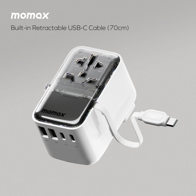 MOMAX 1-WORLD FLOW 35W 4 PORT WITH BUILT-IN USB-C CABLE TRAVEL ADAPTOR (Whte) - Best Buy Tech