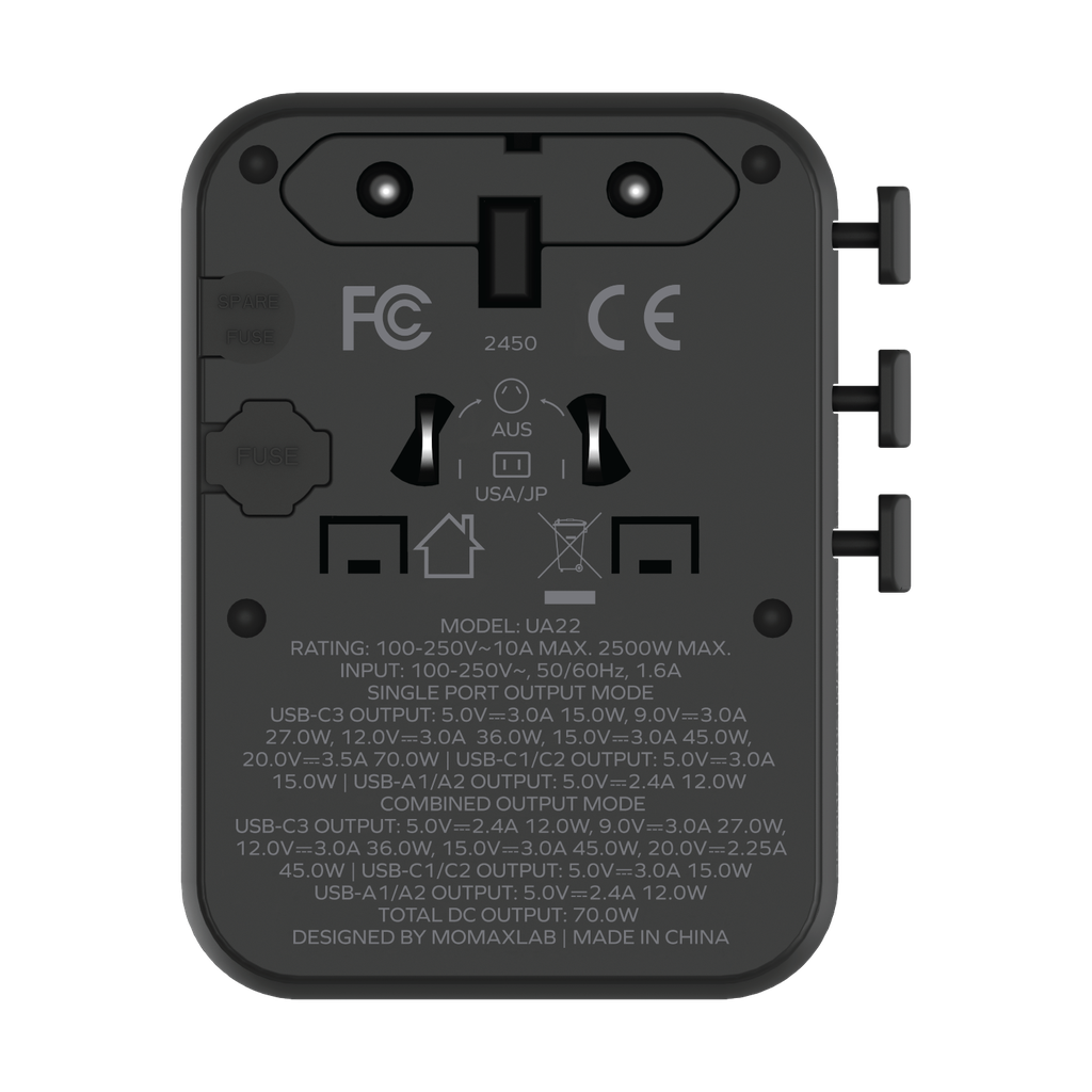 MOMAX 1-WORLD2 GAN 70W 5-PORT USB-C AC TRAVEL ADAPTOR MOMAX 1-WORLD2 GAN 70W 5-PORT USB-C AC TRAVEL ADAPTOR