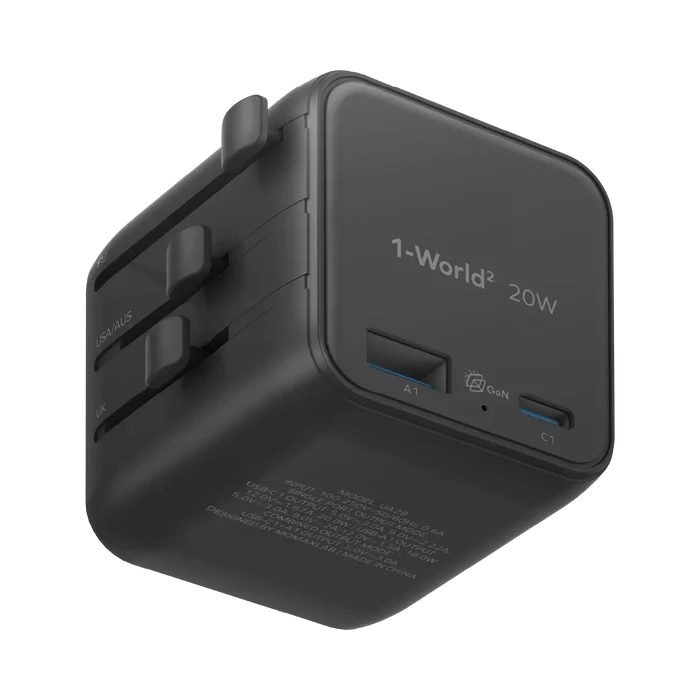 Momax 1-World² 2-Port USB-A and USB-C GaN Travel Charger 20W - Black