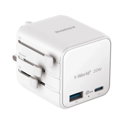 Momax 1-World² 2-Port USB-A and USB-C GaN Travel Charger 20W - White