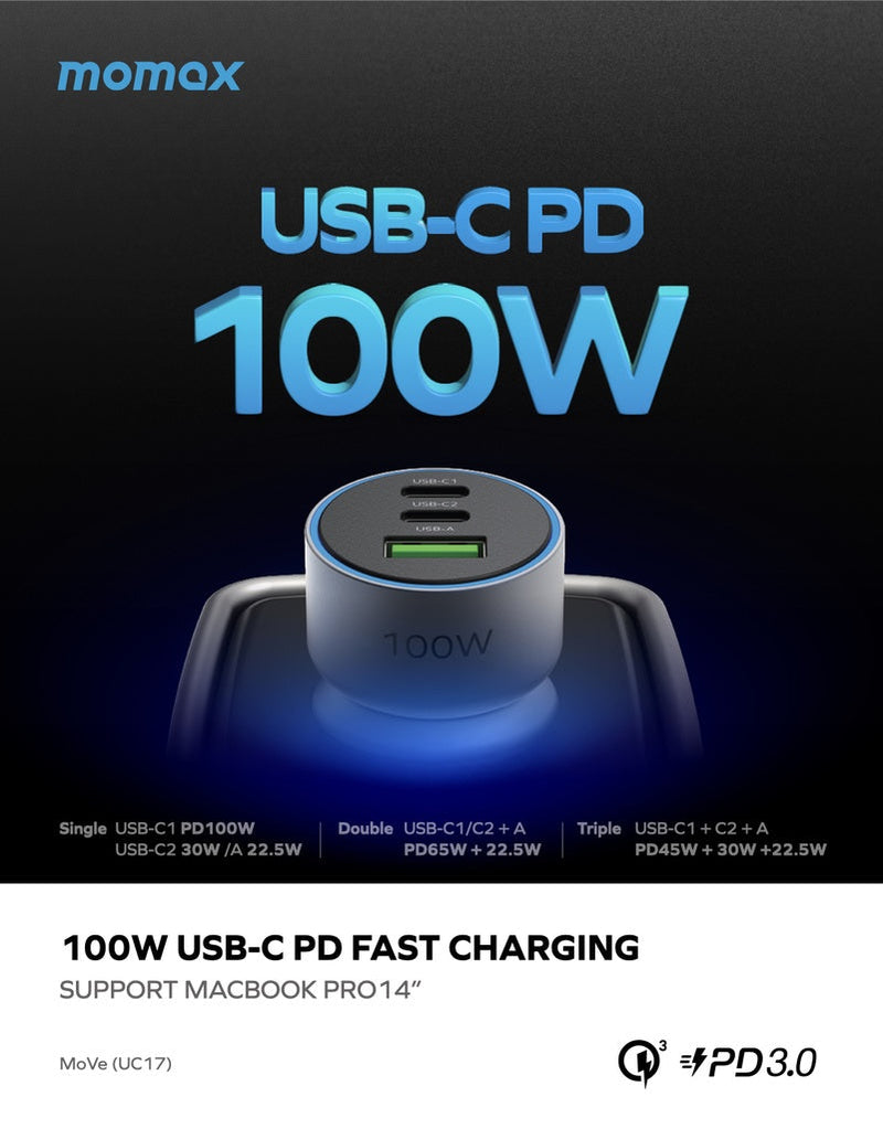 MOMAX MOVE 100W TRIPLE PORT CAR CHARGER - www.bestbuytech.com