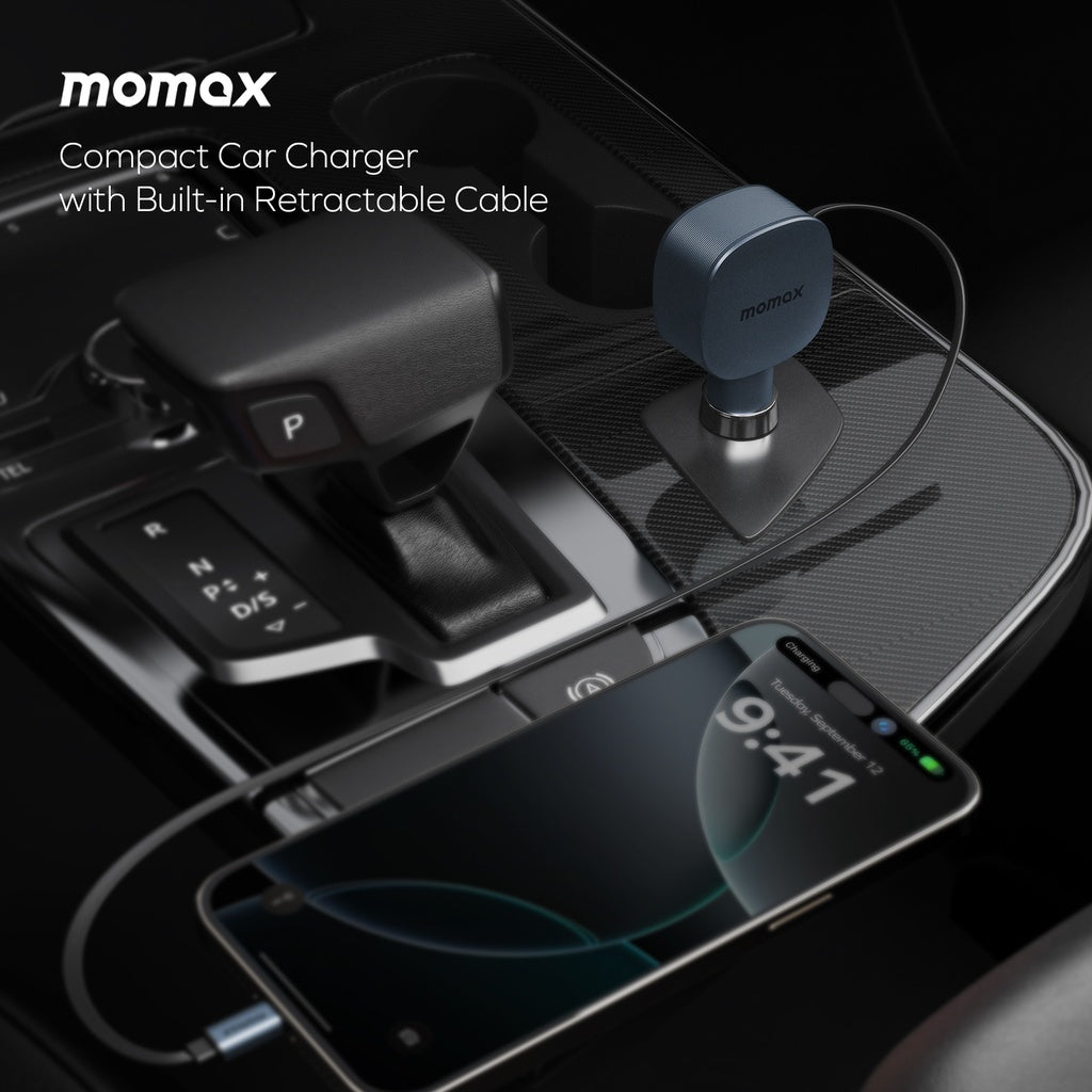 MOMAX 1-MOVE+ 60W 2-PORT CAR CHARGER WITH BUILT-IN RETRACTABLE CABLE MOMAX 1-MOVE+ 60W 2-PORT CAR CHARGER WITH BUILT-IN RETRACTABLE CABLE