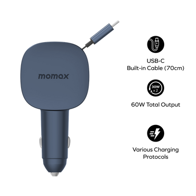 MOMAX 1-MOVE+ 60W 2-PORT CAR CHARGER WITH BUILT-IN RETRACTABLE CABLE