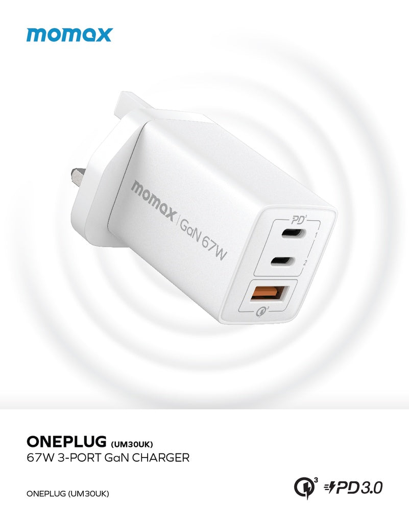 MOMAX ONEPLUG 67W 3 PORT GAN WALL CHARGER MOMAX ONEPLUG 67W 3 PORT GAN WALL CHARGER