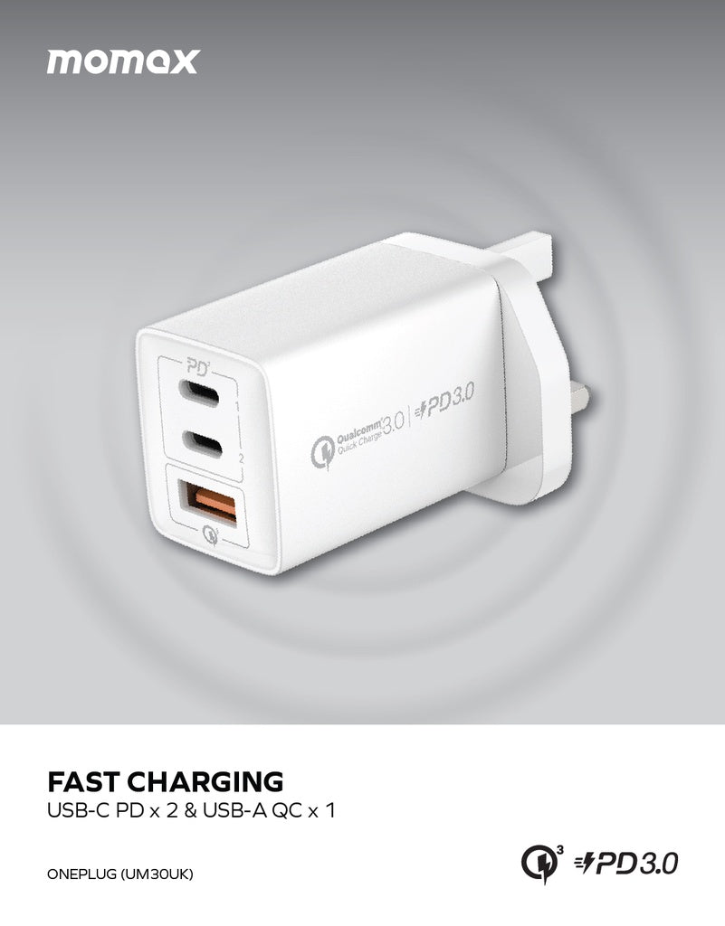 MOMAX ONEPLUG 67W 3 PORT GAN WALL CHARGER MOMAX ONEPLUG 67W 3 PORT GAN WALL CHARGER