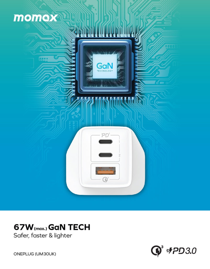 MOMAX ONEPLUG 67W 3 PORT GAN WALL CHARGER - ALAMAT