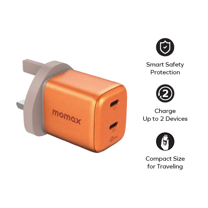 MOMAX 1-CHARGE 45W 2-PORT GAN CHARGER 2X USB-C - ORANGE