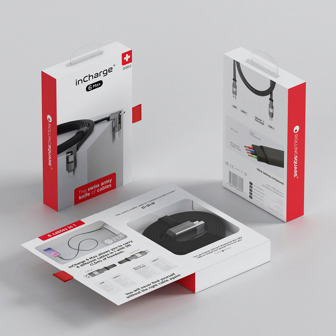 Rolling Square In-Charge® 6 in 1 Charging Cable 0.25ft Mercury Gray Rolling Square In-Charge® 6 in 1 Charging Cable 0.25ft Mercury Gray