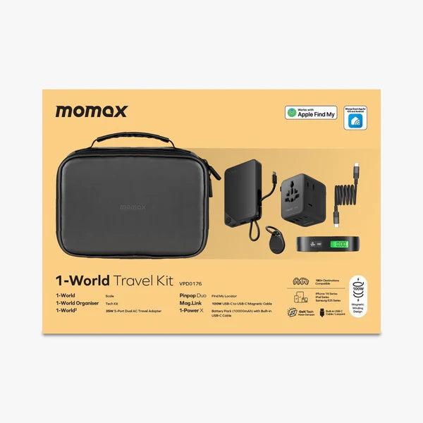 Momax 1-world Travel Essential Kit – 35w Adapter, 10k Power Bank, Cable, Tracker, Weighing Scale & Pouch