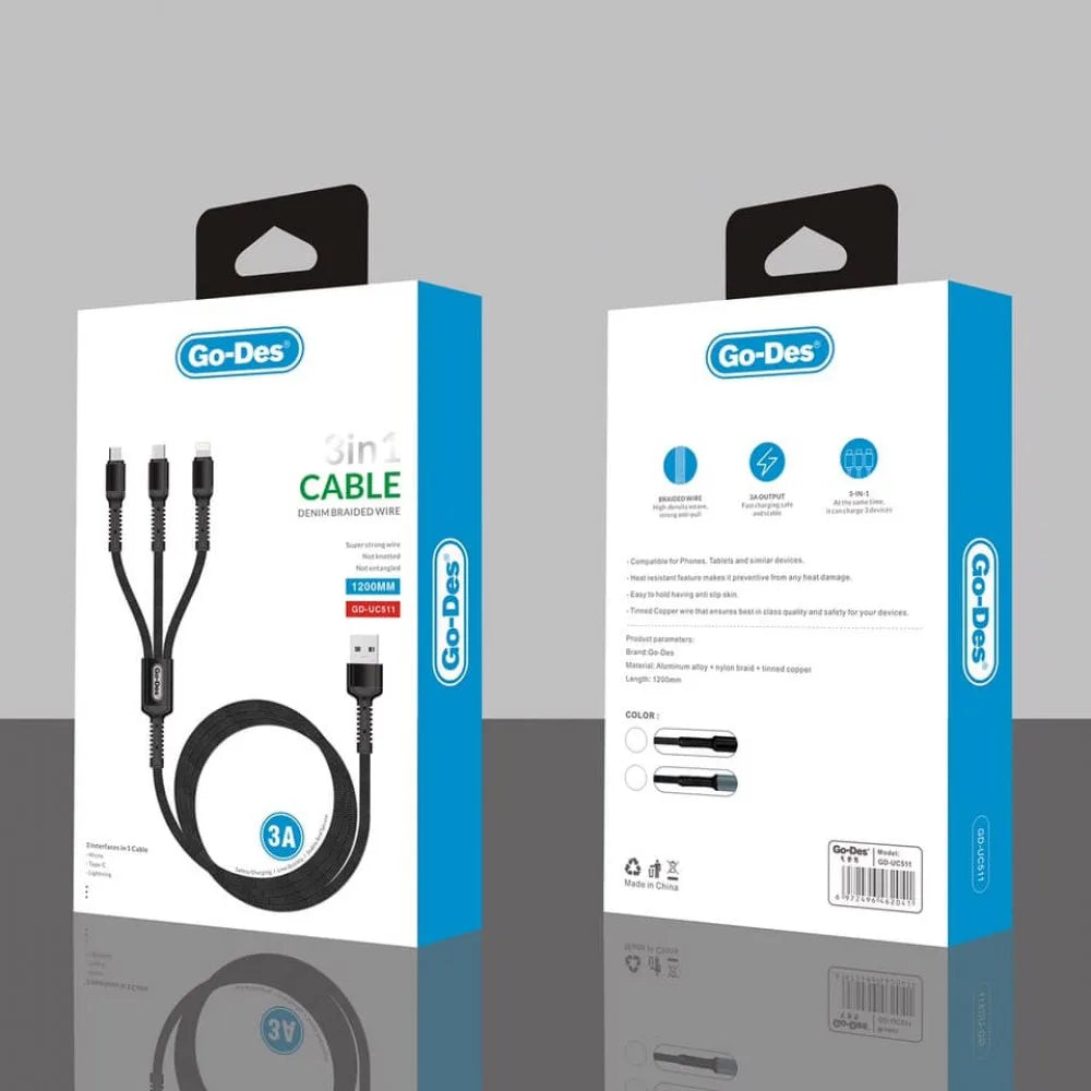 GO-DES 3 IN 1 QUICK CABLE 1.2m - Best Buy Tech