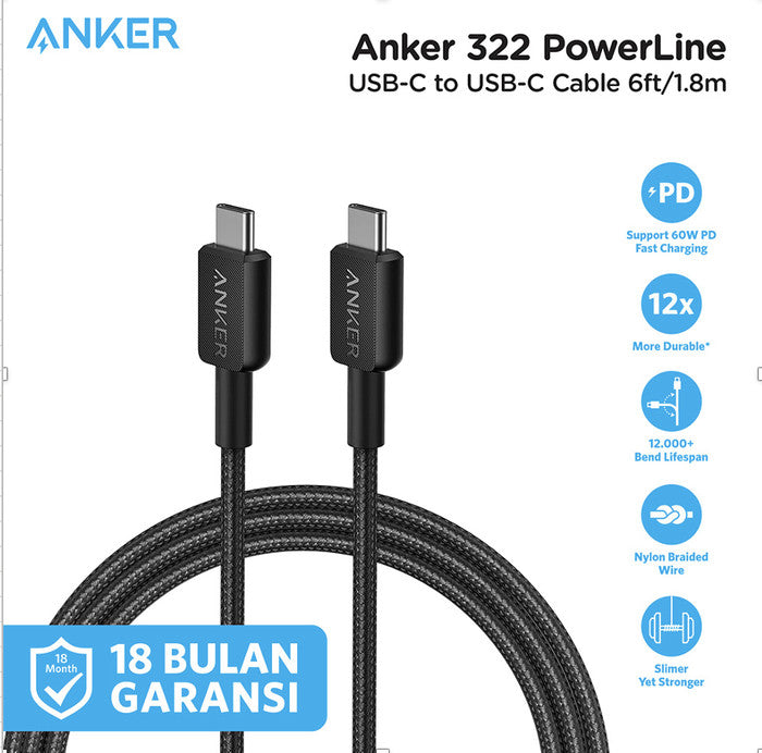ANKER 322 USB-C TO USB-C CABLE 6FT (A81F6H11) - BLACK ANKER 322 USB-C TO USB-C CABLE 6FT (A81F6H11) - BLACK