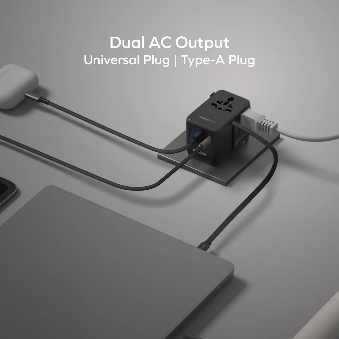 Momax 1-World²⁺ 70W 3-Port Dual AC Travel Adapter with Built-In Retractable Cable