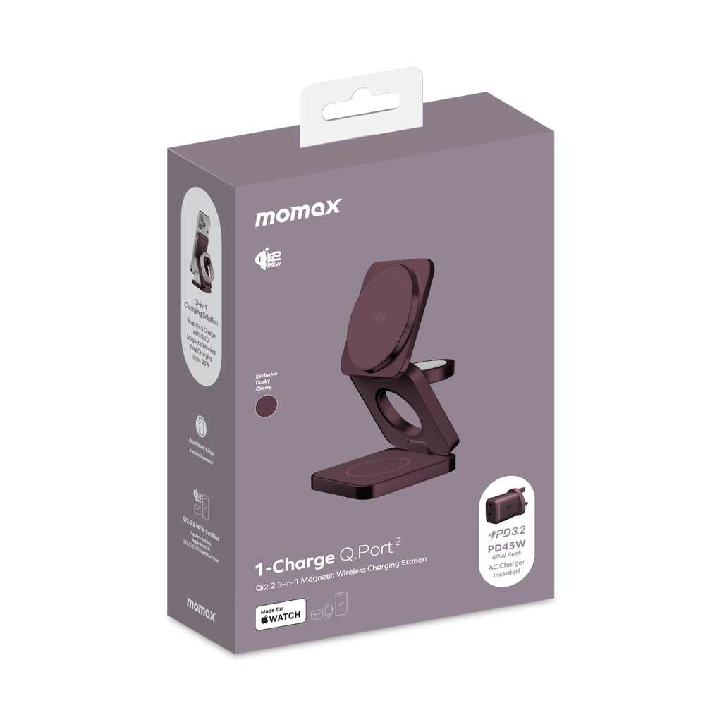 Momax 1-CHARGE Q.Port² Qi2.2  3-in-1 Magnetic Wireless Charging Station UK - Dusky Cherry