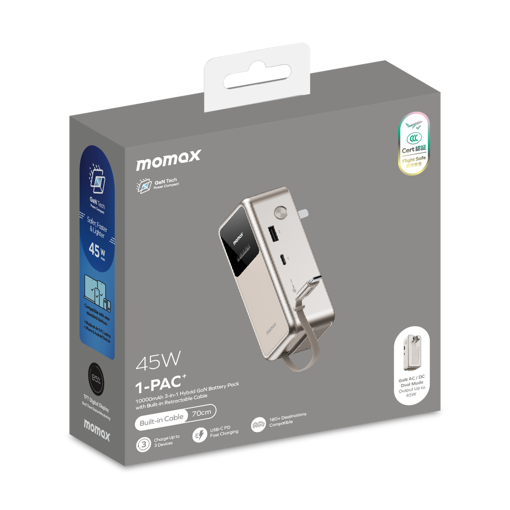 Momax 1-pac⁺10000mah 3in1 Hybrid Gan Battery Pack With Built-in Retractable Cable
