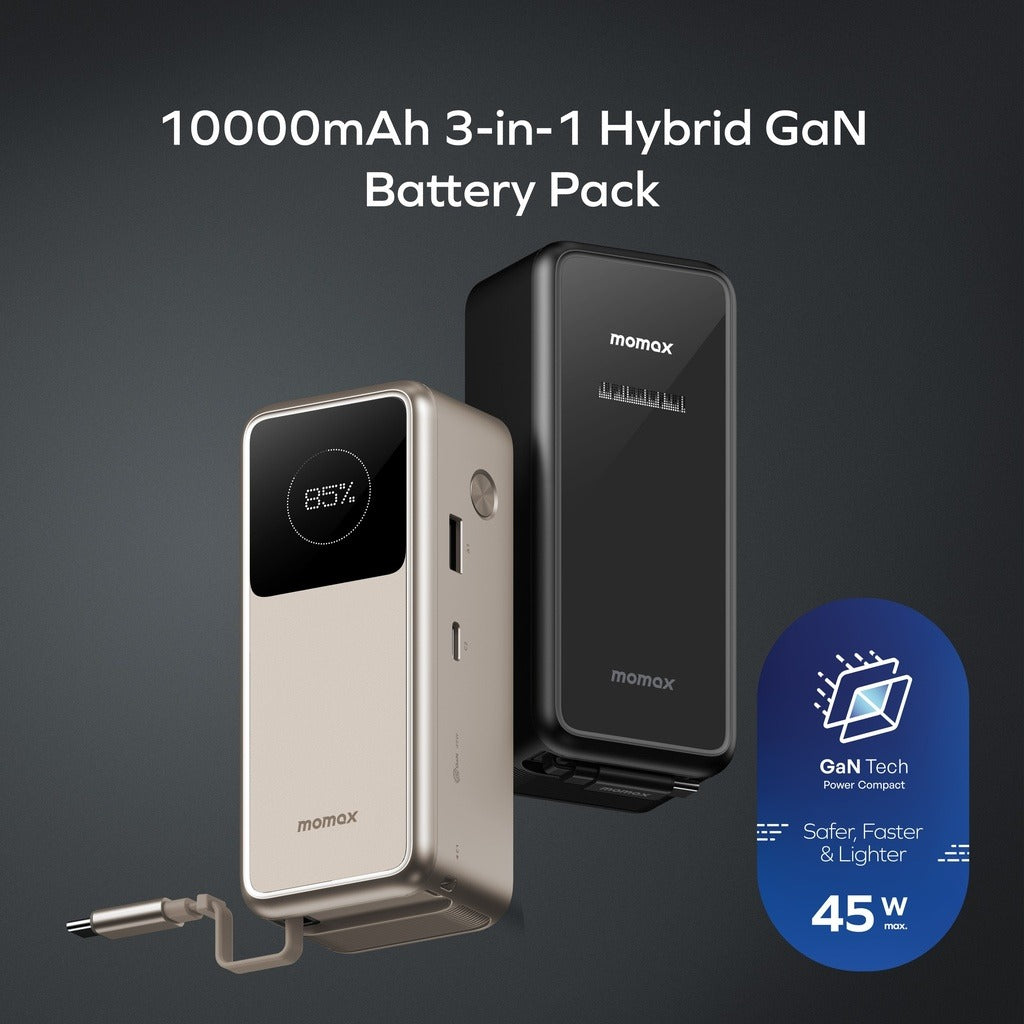 Momax 1-pac⁺10000mah 3in1 Hybrid Gan Battery Pack With Built-in Retractable Cable