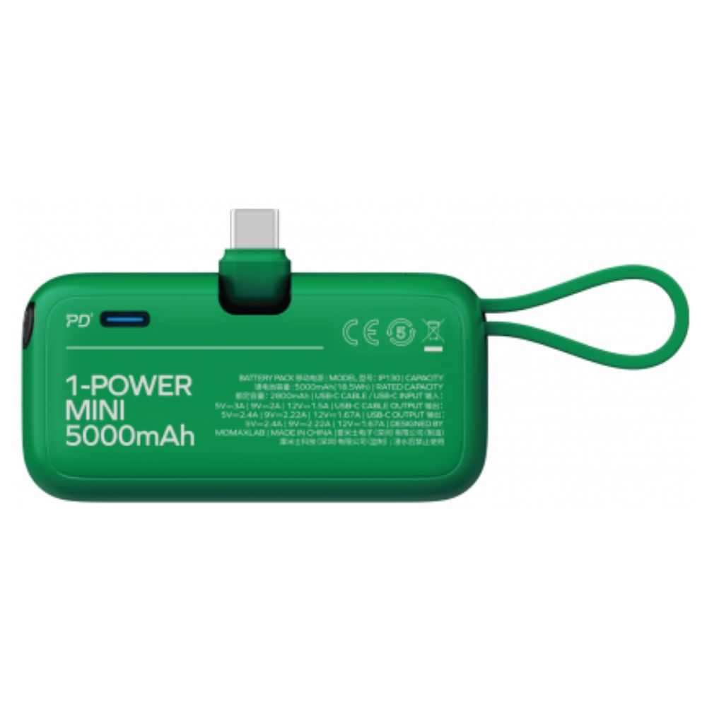 Momax 1-Power Mini 5000mAh Bulit-in foldable USB-C Battery pack (Green)