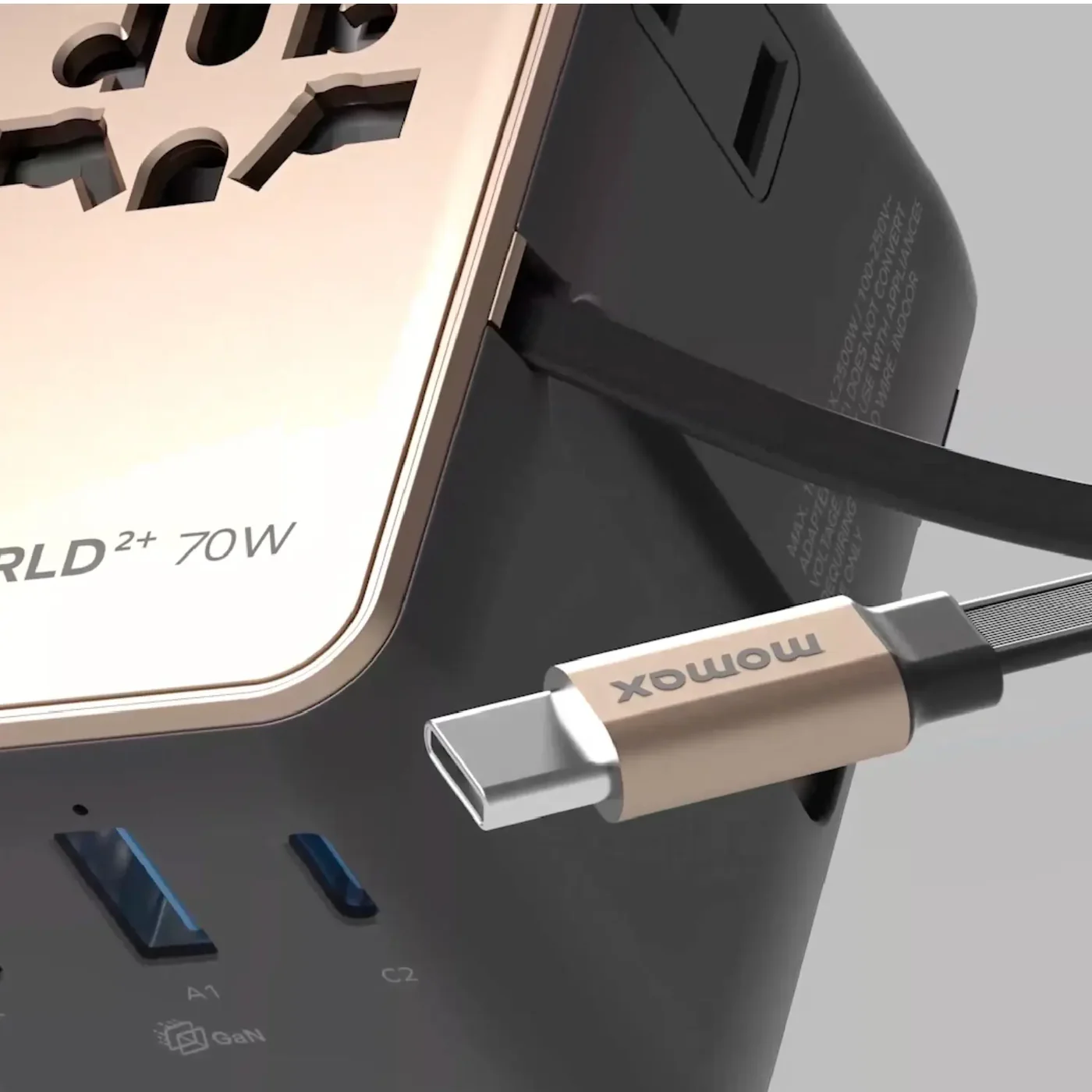 Momax 1-World²⁺ 70W 3-Port Dual AC Travel Adapter with Built-In Retractable Cable