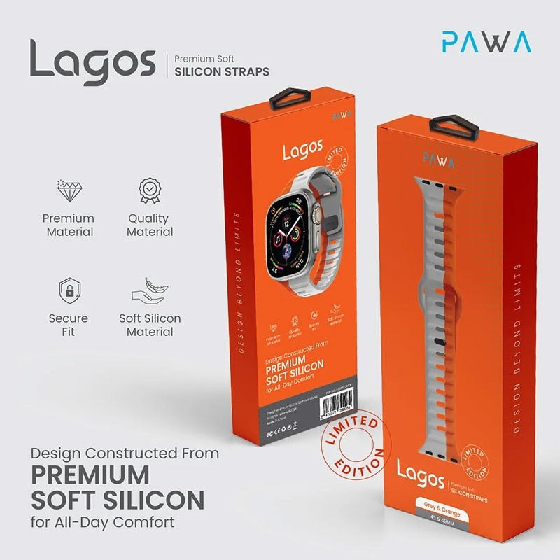 Pawa Lagos Limited Edition Premium Soft Silicon Straps, Grey And Orange