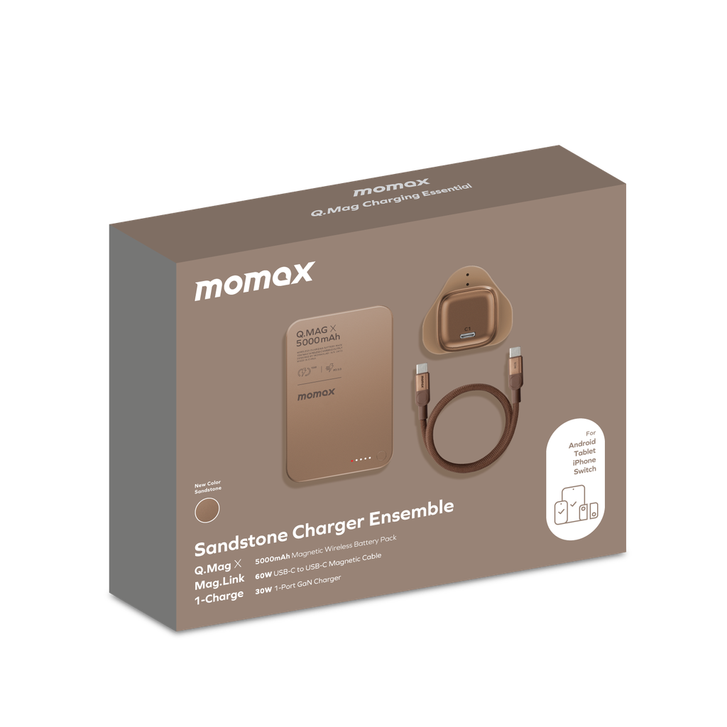 Momax 1-charge Gan 30w 1 Port Charger + 60w Usb-c To Usb-c Magnetic Cable 1m + 5000mah Magnetic Wireless Power Bank