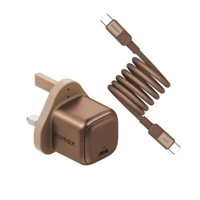 شاحن Momax أحادي الشحن بقوة 30 واط بمنفذ واحد + كابل مغناطيسي USB-C إلى USB-C بقوة 60 واط بطول 1 متر - ذهبي وردي