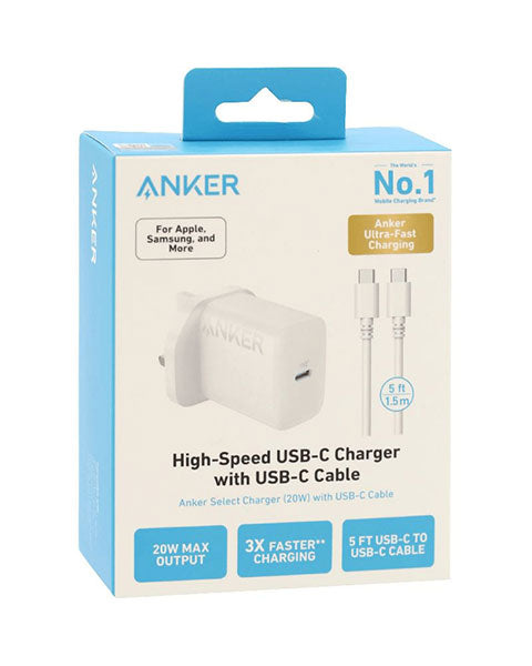 ANKER SELECT CHARGER (20W) WITH USB-C TO USB-C CABLE (B2347K21)- WHITE ANKER SELECT CHARGER (20W) WITH USB-C TO USB-C CABLE (B2347K21)- WHITE